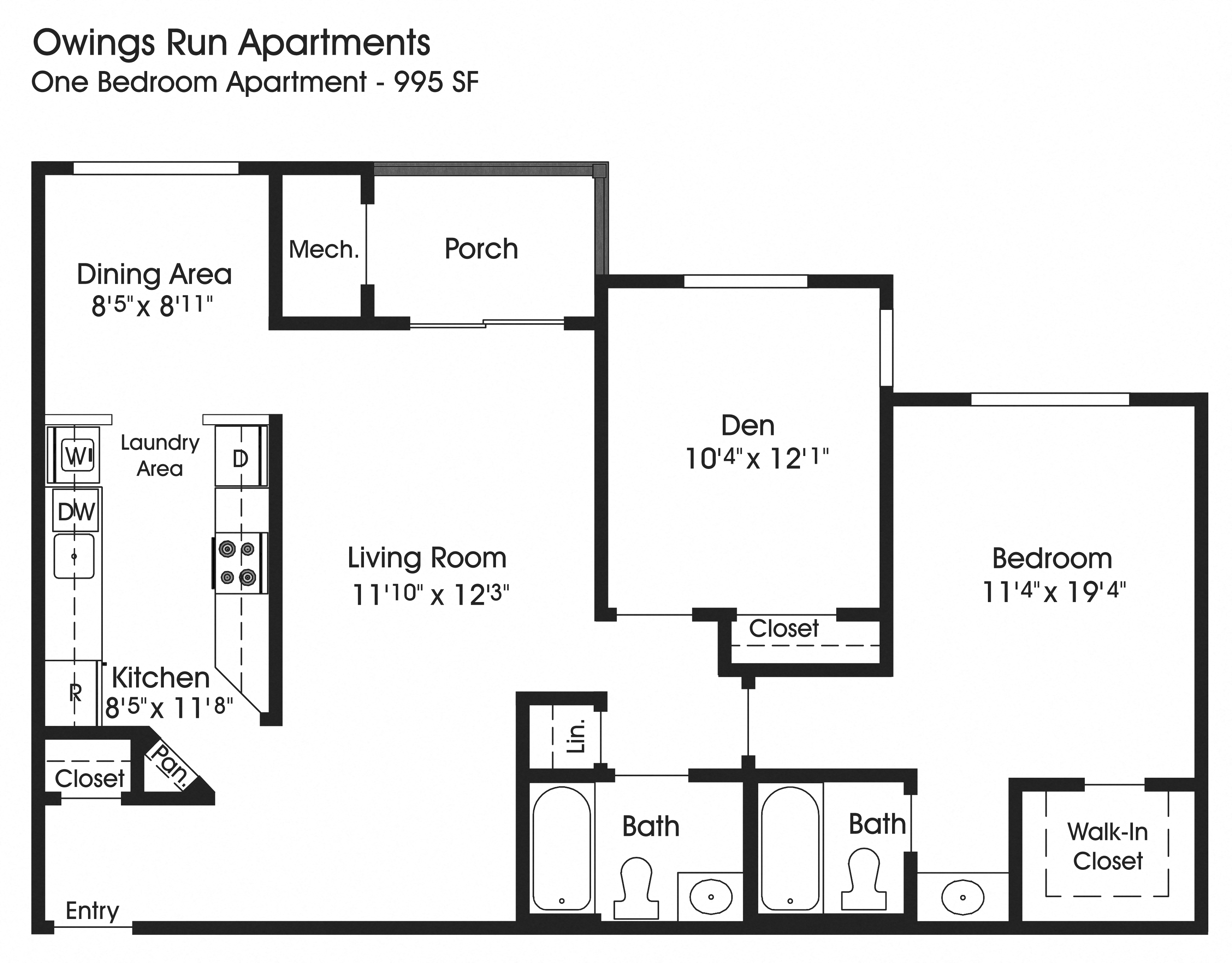 Floor plan for 1 bed, 2 baths, 995 sqft